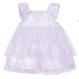 The Isobella and Chloe Purple Star Empire Waist Dress features ruffled sleeves, a layered sparkly tulle skirt, and a shimmering finish—perfect for special occasions with its soft, elegant style.