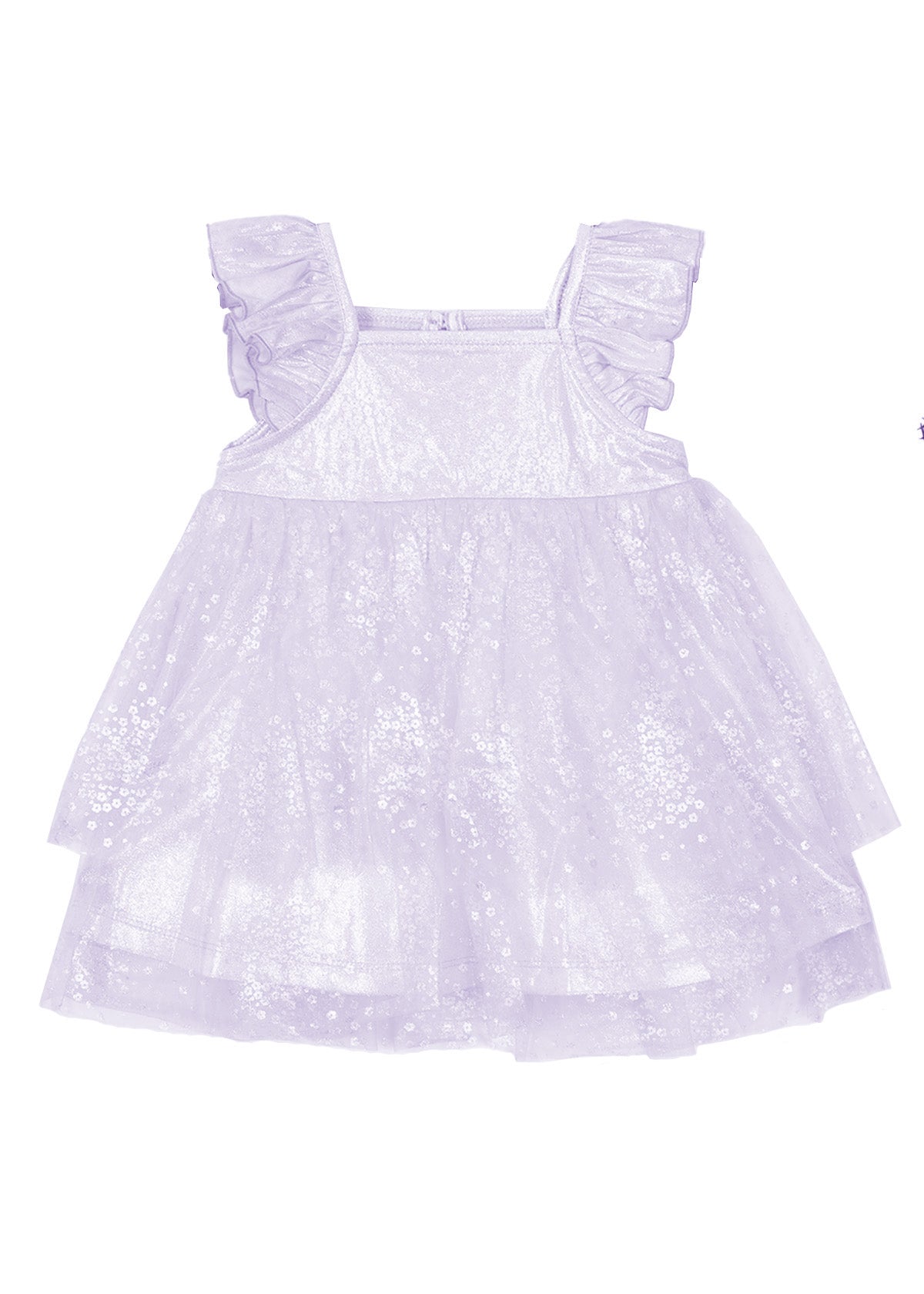 The Isobella and Chloe Purple Star Empire Waist Dress features ruffled sleeves, a layered sparkly tulle skirt, and a shimmering finish—perfect for special occasions with its soft, elegant style.
