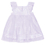 The Isobella and Chloe Purple Star Empire Waist Dress features ruffled shoulder straps, a glittery tulle overlay, keyhole button back, and a flowing skirt—perfect for special occasions.