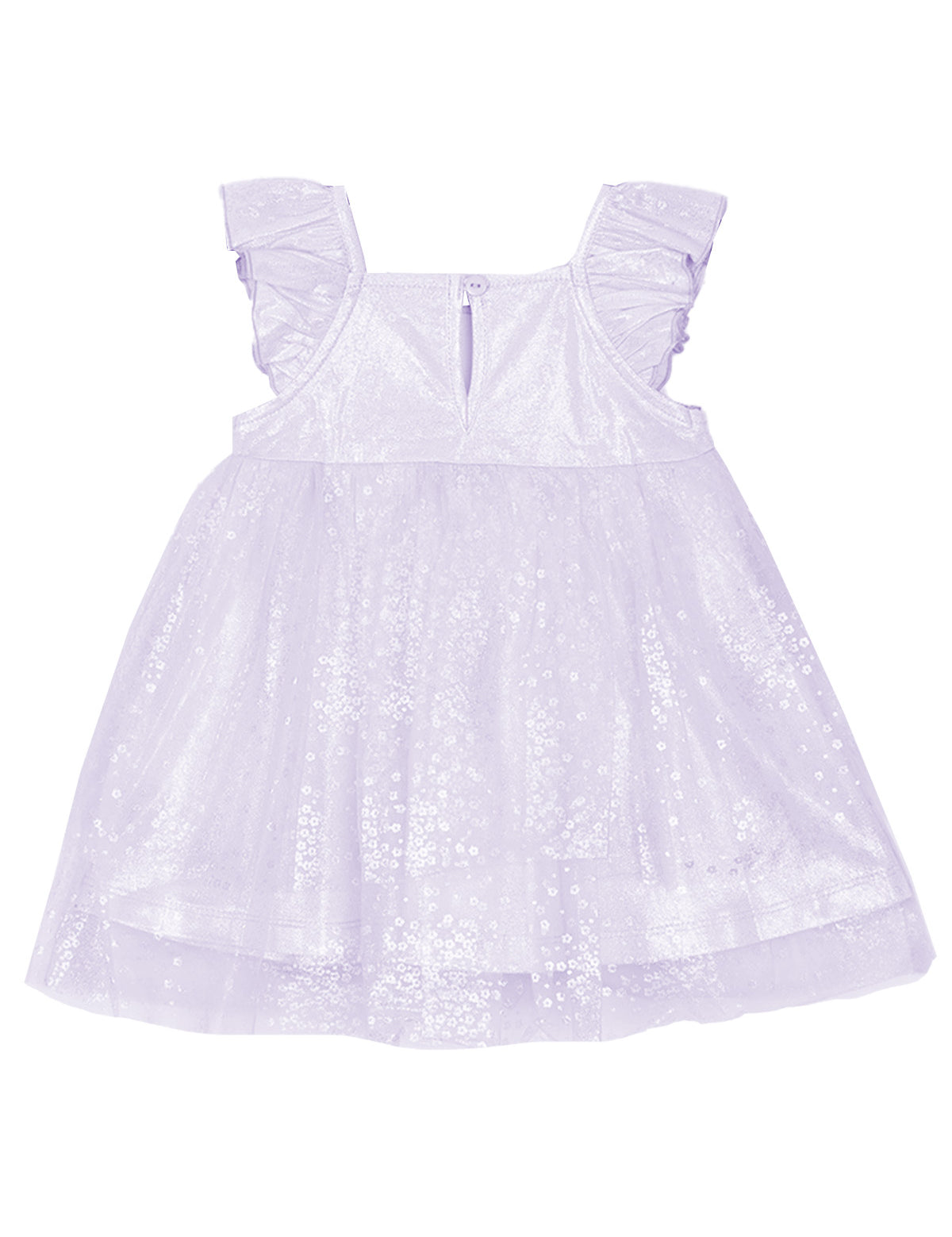 The Isobella and Chloe Purple Star Empire Waist Dress features ruffled shoulder straps, a glittery tulle overlay, keyhole button back, and a flowing skirt—perfect for special occasions.