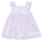 The Isobella and Chloe Purple Star Empire Waist Dress features ruffled shoulder straps, a glittery tulle overlay, keyhole button back, and a flowing skirt—perfect for special occasions.