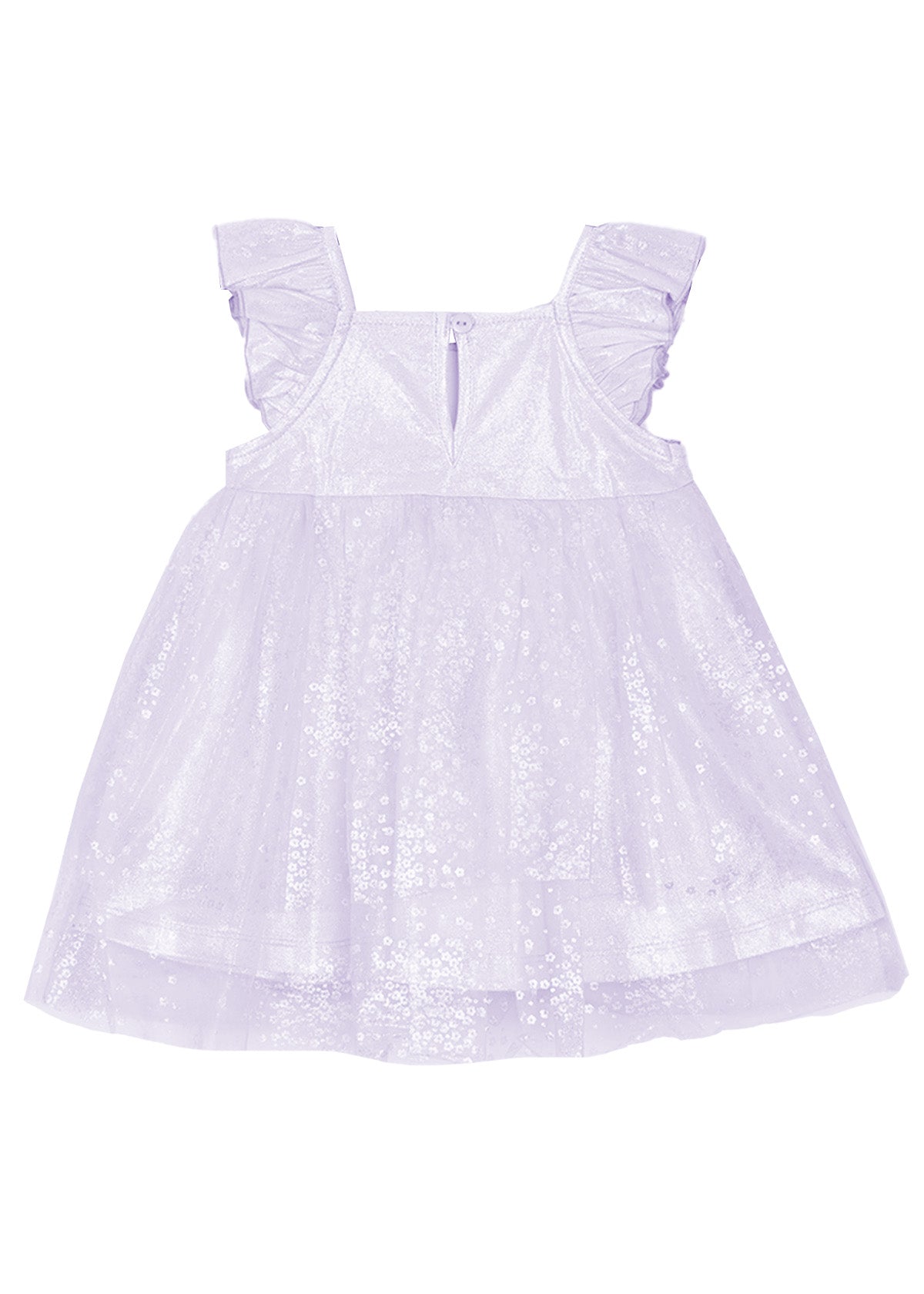 The Isobella and Chloe Purple Star Empire Waist Dress features ruffled shoulder straps, a glittery tulle overlay, keyhole button back, and a flowing skirt—perfect for special occasions.
