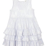 The Isobella and Chloe Purple Star Glimmering Tiered Dress features a sleeveless design, round neckline, and three-tier ruffle skirt with shimmering fabric—perfect for girls' special occasions.