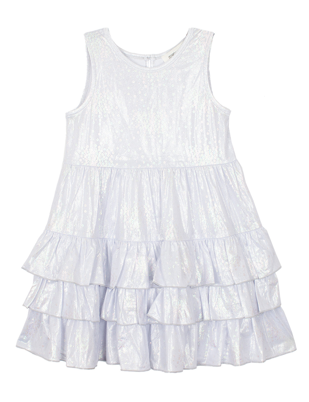 The Isobella and Chloe Purple Star Glimmering Tiered Dress features a sleeveless design, round neckline, and three-tier ruffle skirt with shimmering fabric—perfect for girls' special occasions.
