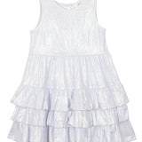 The Isobella and Chloe Purple Star Glimmering Tiered Dress features a sleeveless design, round neckline, and three-tier ruffle skirt with shimmering fabric—perfect for girls' special occasions.