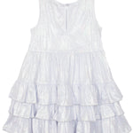 The Isobella and Chloe Purple Star Glimmering Tiered Dress is a sleeveless light lavender girl’s dress with a round neckline and three ruffled skirt tiers, perfect for special occasions—shown flat against a white background.