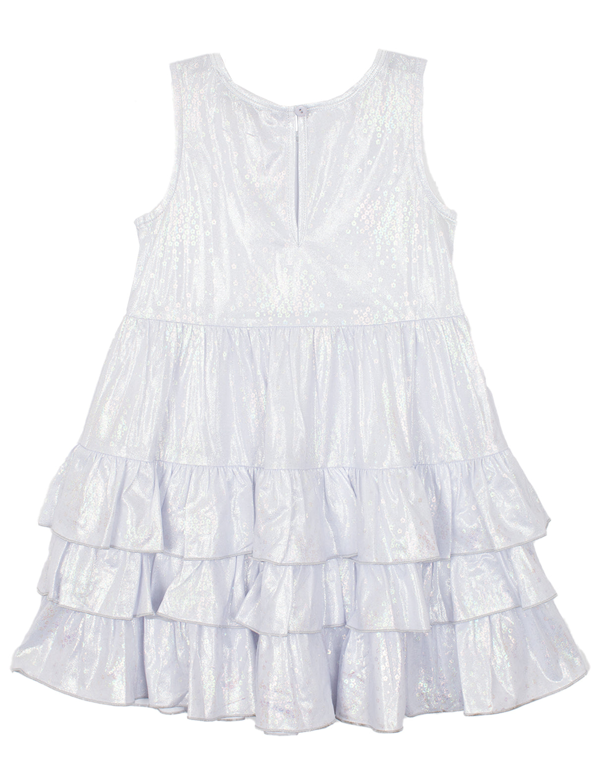 The Isobella and Chloe Purple Star Glimmering Tiered Dress is a sleeveless light lavender girl’s dress with a round neckline and three ruffled skirt tiers, perfect for special occasions—shown flat against a white background.