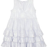 The Isobella and Chloe Purple Star Glimmering Tiered Dress is a sleeveless light lavender girl’s dress with a round neckline and three ruffled skirt tiers, perfect for special occasions—shown flat against a white background.