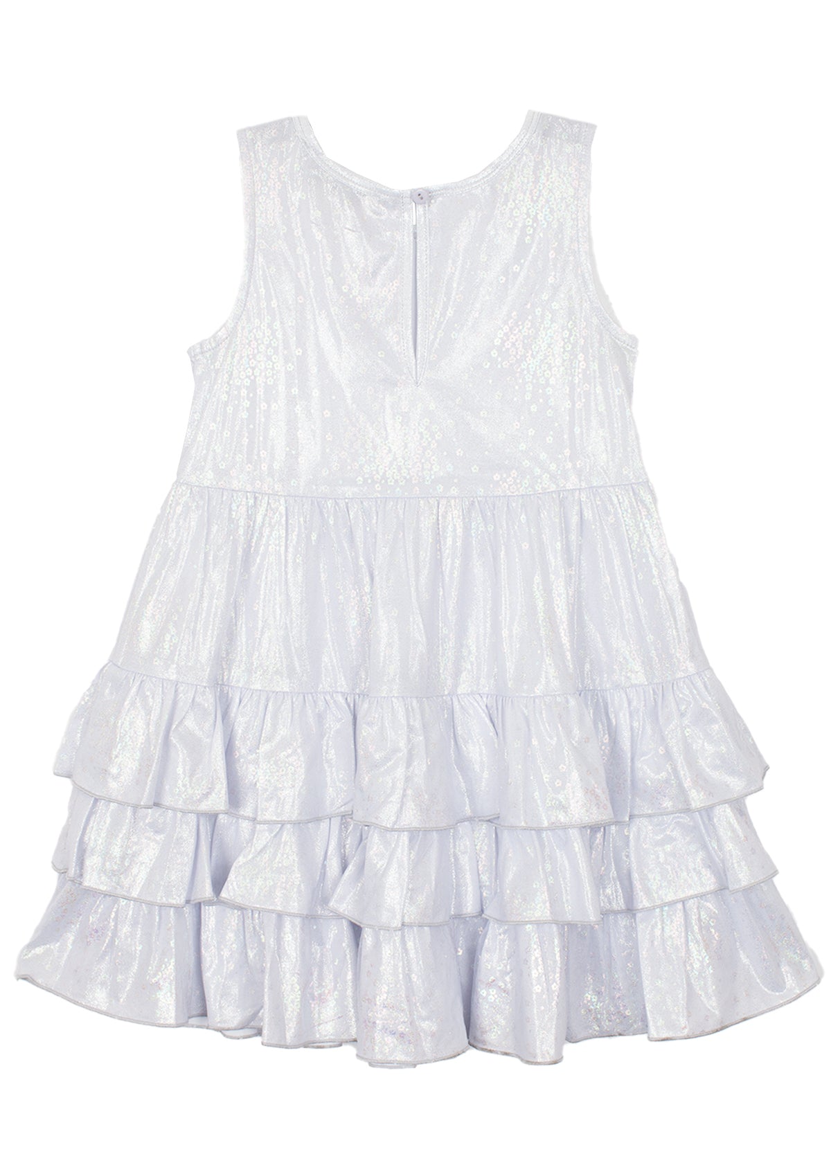 The Isobella and Chloe Purple Star Glimmering Tiered Dress is a sleeveless light lavender girl’s dress with a round neckline and three ruffled skirt tiers, perfect for special occasions—shown flat against a white background.