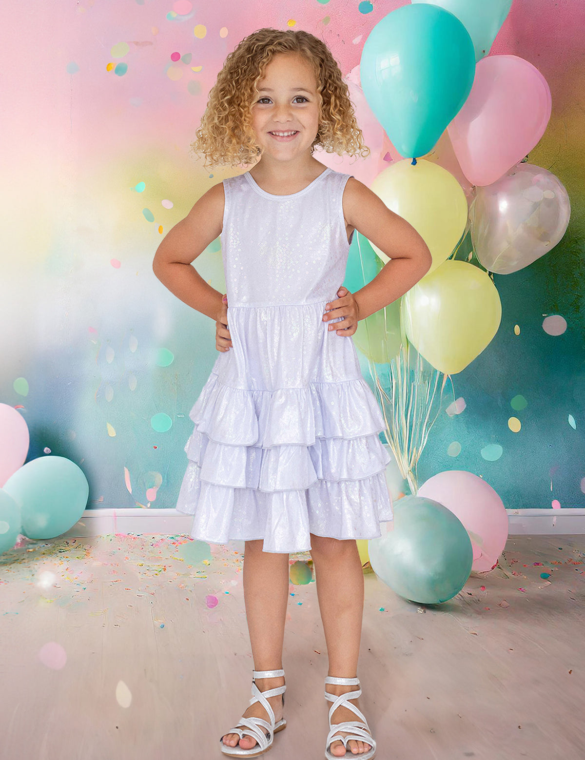 A young girl with curly blonde hair smiles, posing with hands on hips in the Isobella and Chloe Purple Star Glimmering Tiered Dress and sandals. She stands among pastel balloons and confetti, set against a colorful, festive background.
