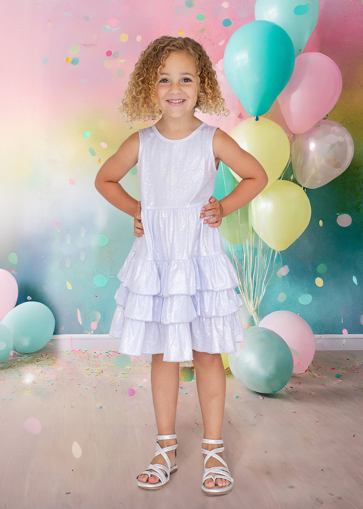 A young girl with curly blonde hair smiles, posing with hands on hips in the Isobella and Chloe Purple Star Glimmering Tiered Dress and sandals. She stands among pastel balloons and confetti, set against a colorful, festive background.