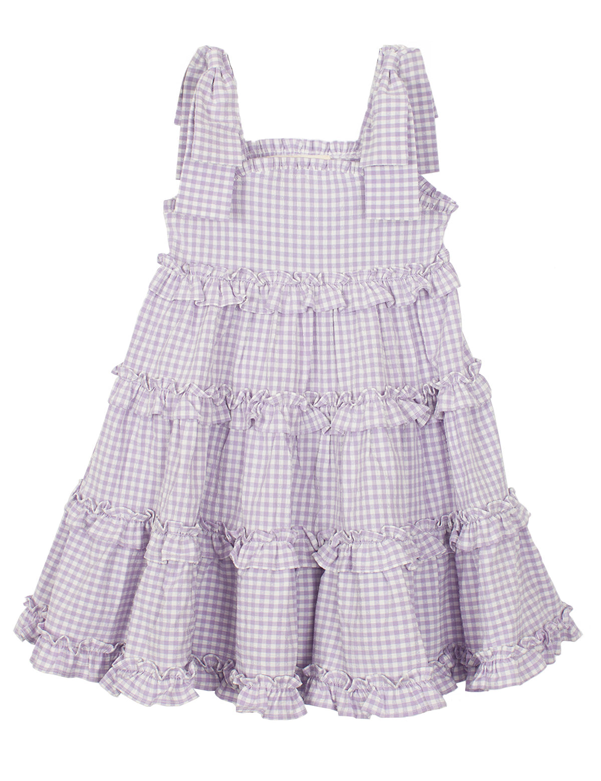 The Super Bloom Tiered Dress by Mabel and Honey is a sleeveless, knee-length lavender gingham dress with white checks, ruffled tiers, and wide shoulder straps tied in bows.