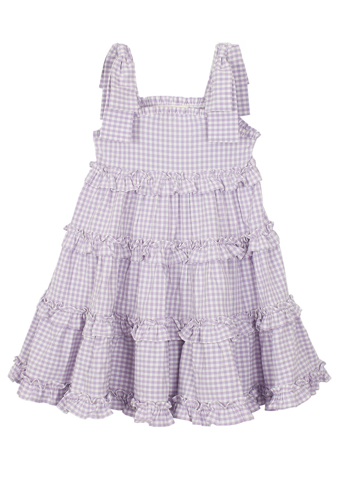 The Super Bloom Tiered Dress by Mabel and Honey is a sleeveless, knee-length lavender gingham dress with white checks, ruffled tiers, and wide shoulder straps tied in bows.