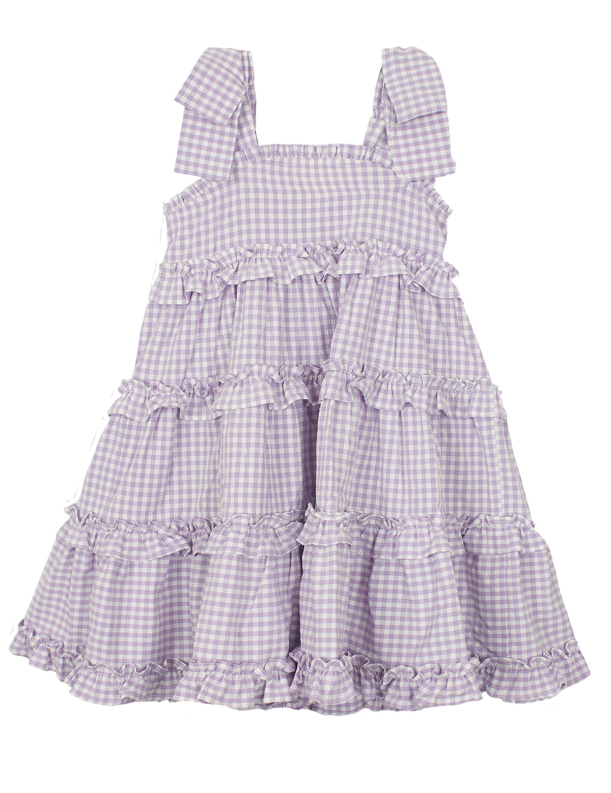The Mabel and Honey Super Bloom Tiered Dress is a sleeveless, lavender gingham dress with wide straps and ruffled tiers—an adorable addition to any girls wardrobe.