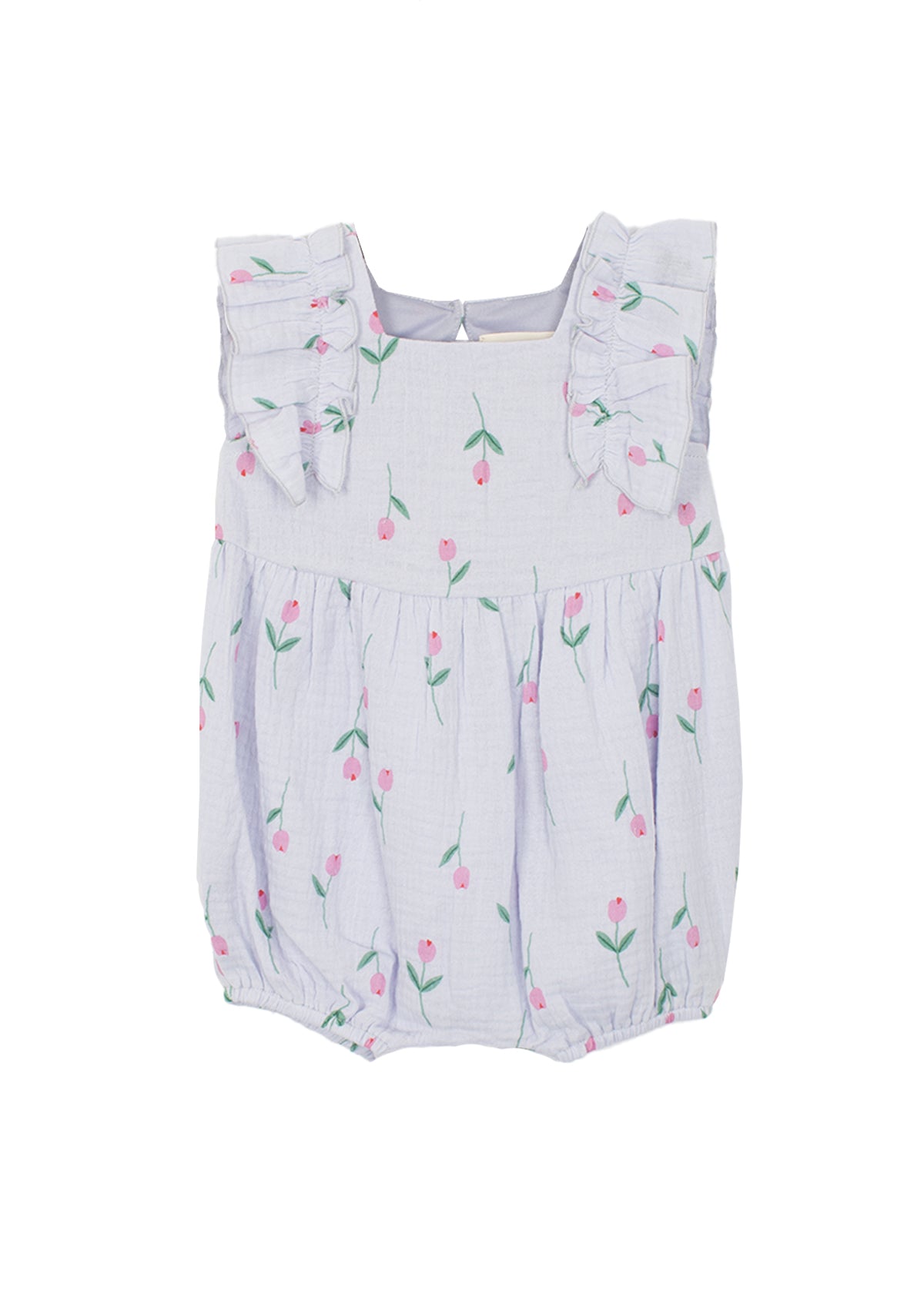 The Mabel and Honey Tiny Tulip Baby Romper features soft, lightweight lavender gauze, ruffled shoulder straps, and a charming pattern of pink tulips with green stems.