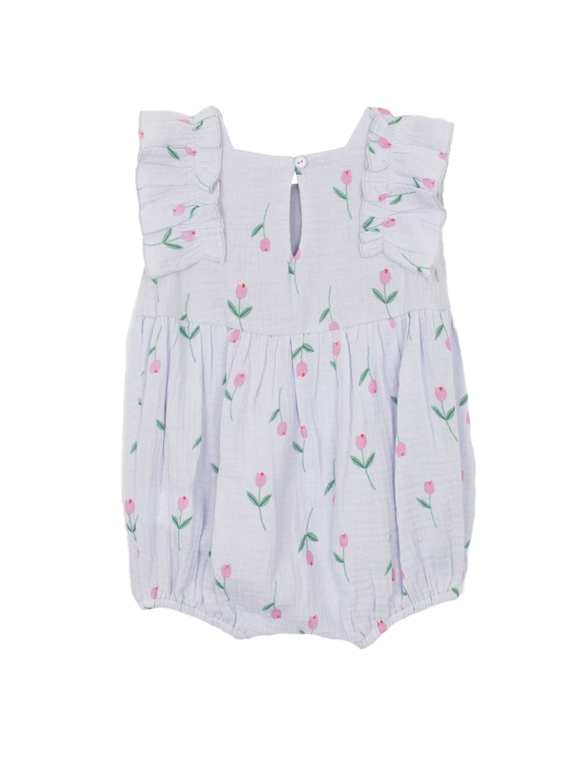 The Tiny Tulip Baby Romper by Mabel and Honey features soft lavender gauze, ruffled sleeves, a back keyhole button, and a print of green stems with pink tulips.