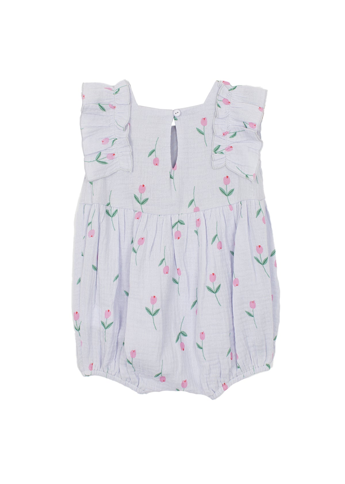 The Tiny Tulip Baby Romper by Mabel and Honey features soft lavender gauze, ruffled sleeves, a back keyhole button, and a print of green stems with pink tulips.