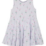 The Tiny Tulip Drop Waist Dress by Mabel and Honey is a sleeveless lavender gauze dress for toddlers, with a tiered ruffled skirt and pink tulip print—perfect for any occasion.