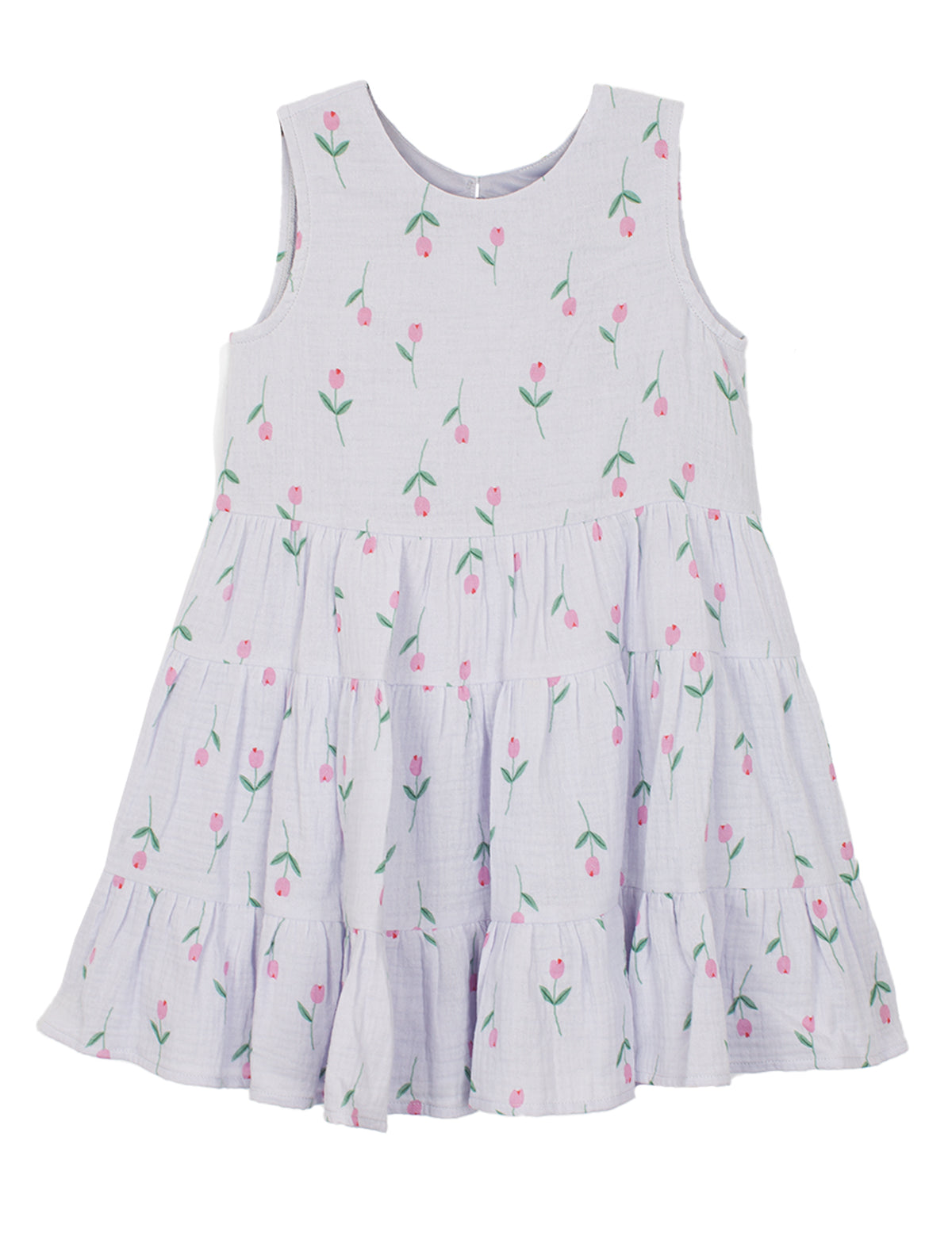 The Tiny Tulip Drop Waist Dress by Mabel and Honey is a sleeveless lavender gauze dress for toddlers, with a tiered ruffled skirt and pink tulip print—perfect for any occasion.