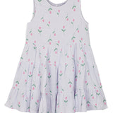 The Tiny Tulip Drop Waist Dress by Mabel and Honey is a sleeveless lavender gauze dress for toddlers, with a tiered ruffled skirt and pink tulip print—perfect for any occasion.