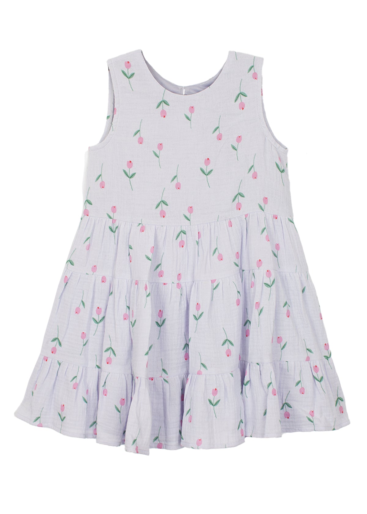 The Tiny Tulip Drop Waist Dress by Mabel and Honey is a sleeveless lavender gauze dress for toddlers, with a tiered ruffled skirt and pink tulip print—perfect for any occasion.