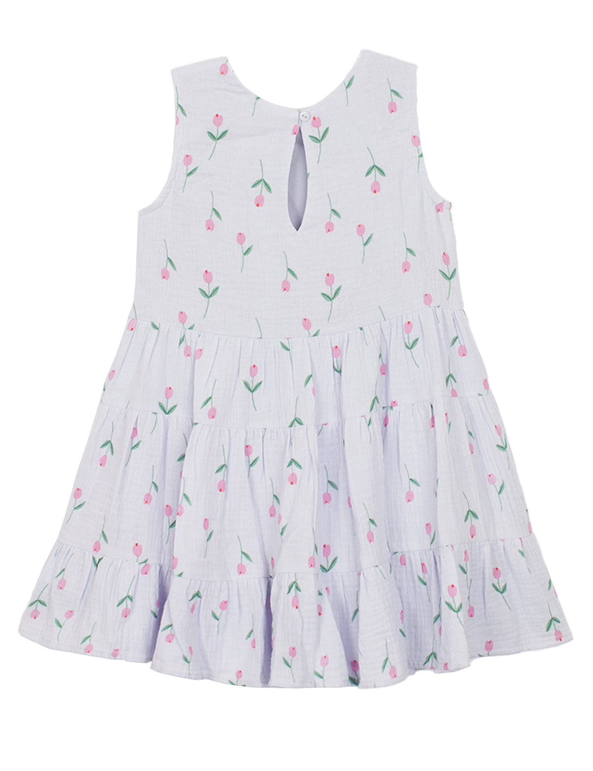 The Tiny Tulip Drop Waist Dress by Mabel and Honey is a sleeveless white girl's dress with a flared, tiered skirt, pink tulip print with green stems, and a teardrop button closure at the back neckline for easy dressing.