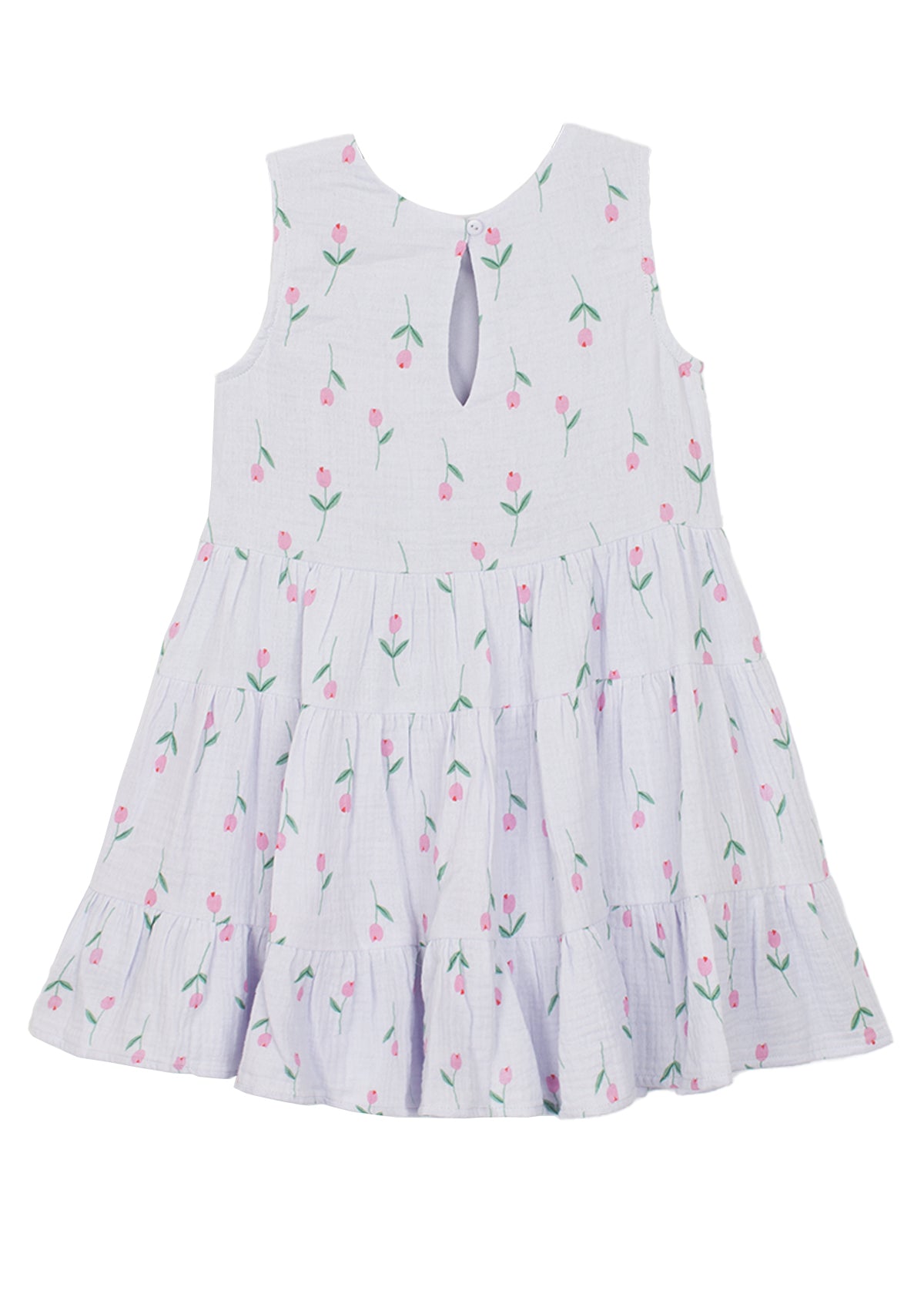 The Tiny Tulip Drop Waist Dress by Mabel and Honey is a sleeveless white girl's dress with a flared, tiered skirt, pink tulip print with green stems, and a teardrop button closure at the back neckline for easy dressing.