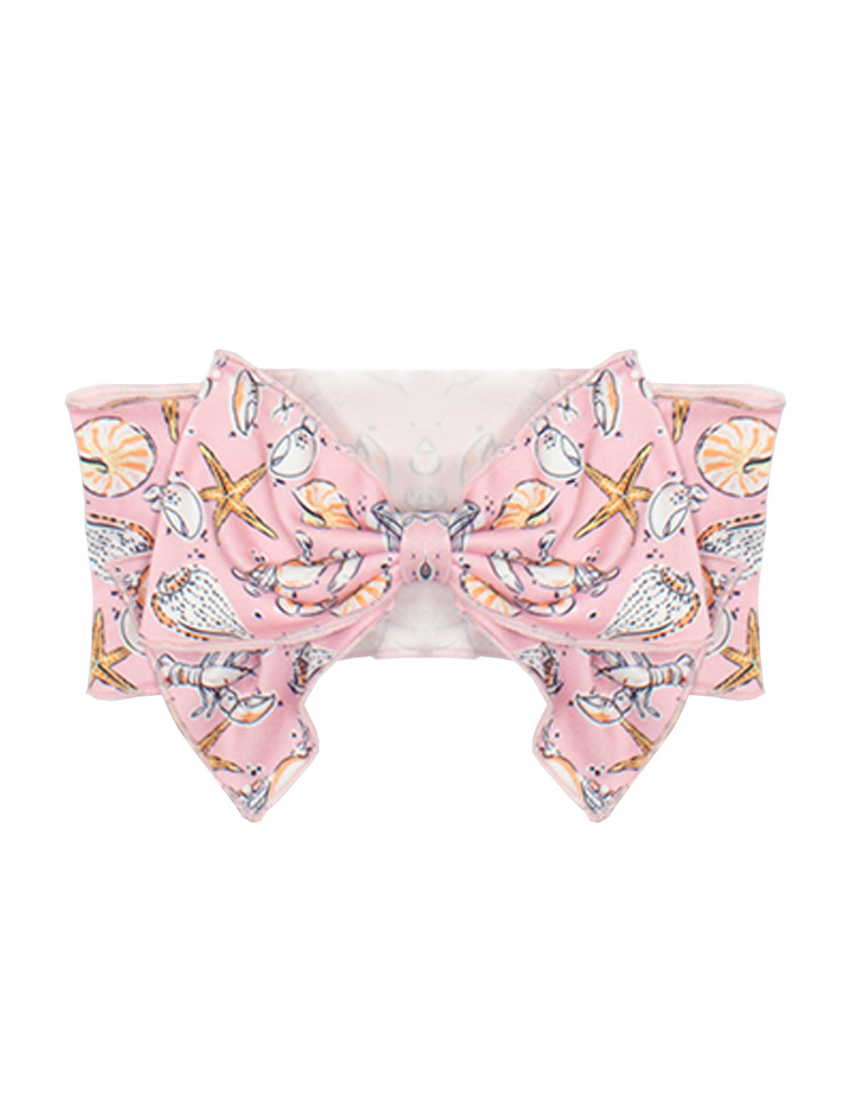 The Seashells by the Seashore Hair Accessory from Mabel and Honey is a baby girl headband with an oversized bow, featuring a charming seashell print with pastel starfish and fish motifs.