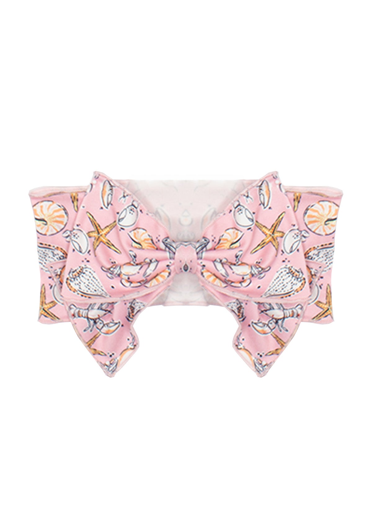 The Seashells by the Seashore Hair Accessory from Mabel and Honey is a baby girl headband with an oversized bow, featuring a charming seashell print with pastel starfish and fish motifs.