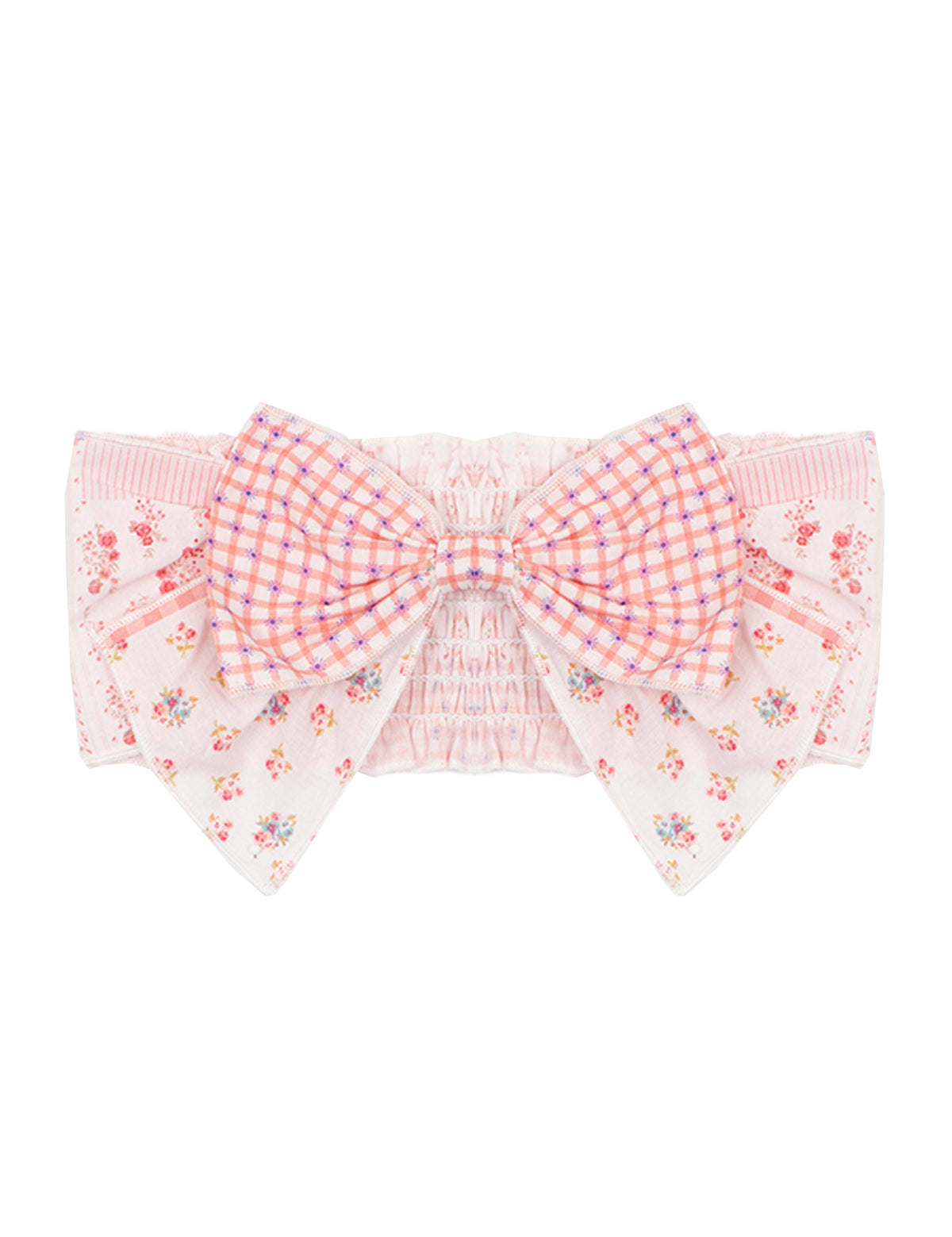The Mabel and Honey Lacy Layered Hair Accessory features dusty rose fabric with a large bow, pink plaid center, and floral and striped patterns on the sides—perfect for girls.