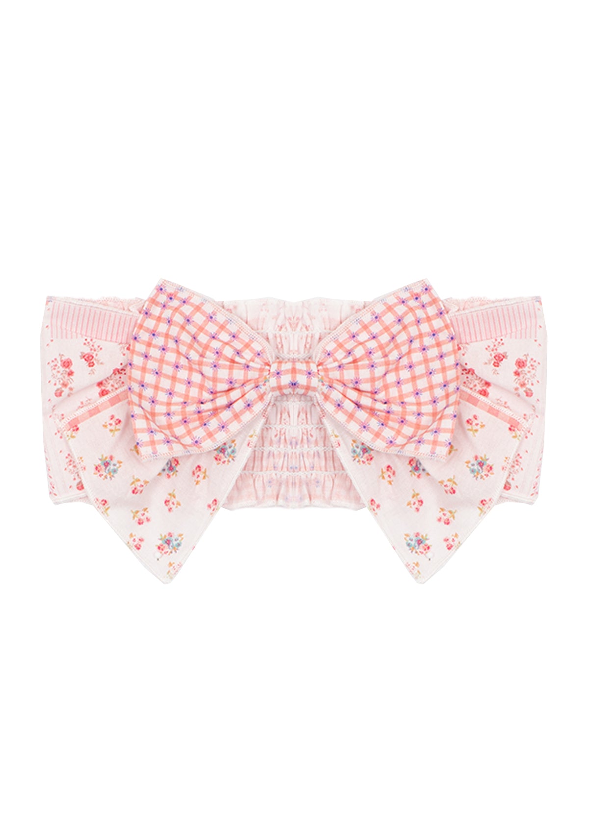 The Mabel and Honey Lacy Layered Hair Accessory features dusty rose fabric with a large bow, pink plaid center, and floral and striped patterns on the sides—perfect for girls.