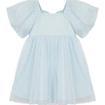 The Ella Dress by Isobella and Chloe is a pastel blue girls dress with a flared skirt, textured polka dot semi-sheer fabric, and flutter sleeves. Its short sleeves and loose fit ensure cool, comfortable wear.