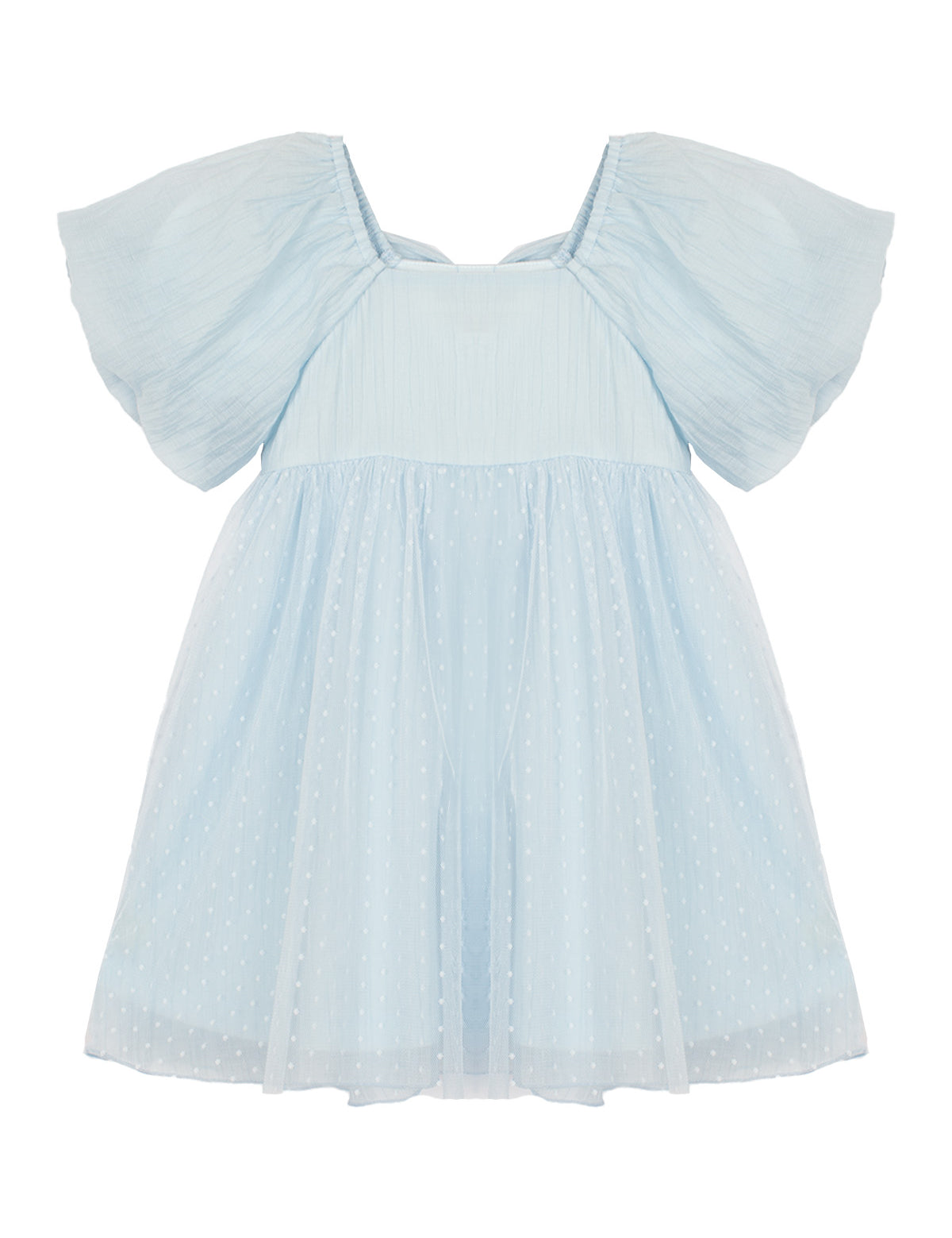 The Ella Dress by Isobella and Chloe is a pastel blue girls dress with a flared skirt, textured polka dot semi-sheer fabric, and flutter sleeves. Its short sleeves and loose fit ensure cool, comfortable wear.