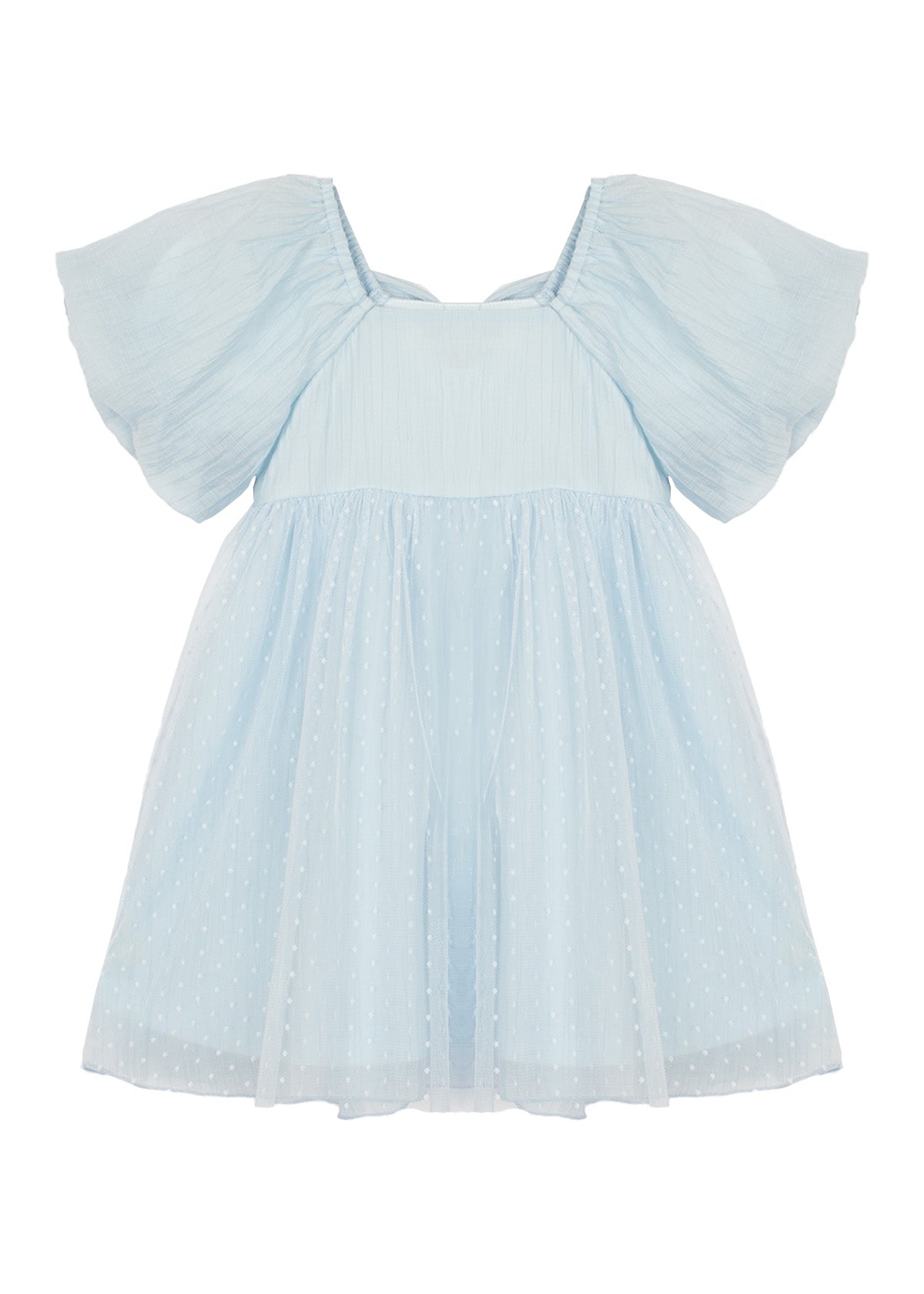 The Ella Dress by Isobella and Chloe is a pastel blue girls dress with a flared skirt, textured polka dot semi-sheer fabric, and flutter sleeves. Its short sleeves and loose fit ensure cool, comfortable wear.
