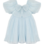 The Ella Dress by Isobella and Chloe is a pastel blue girls' dress with butterfly sleeves, a large chest bow, and a flared skirt with a subtle dotted pattern.