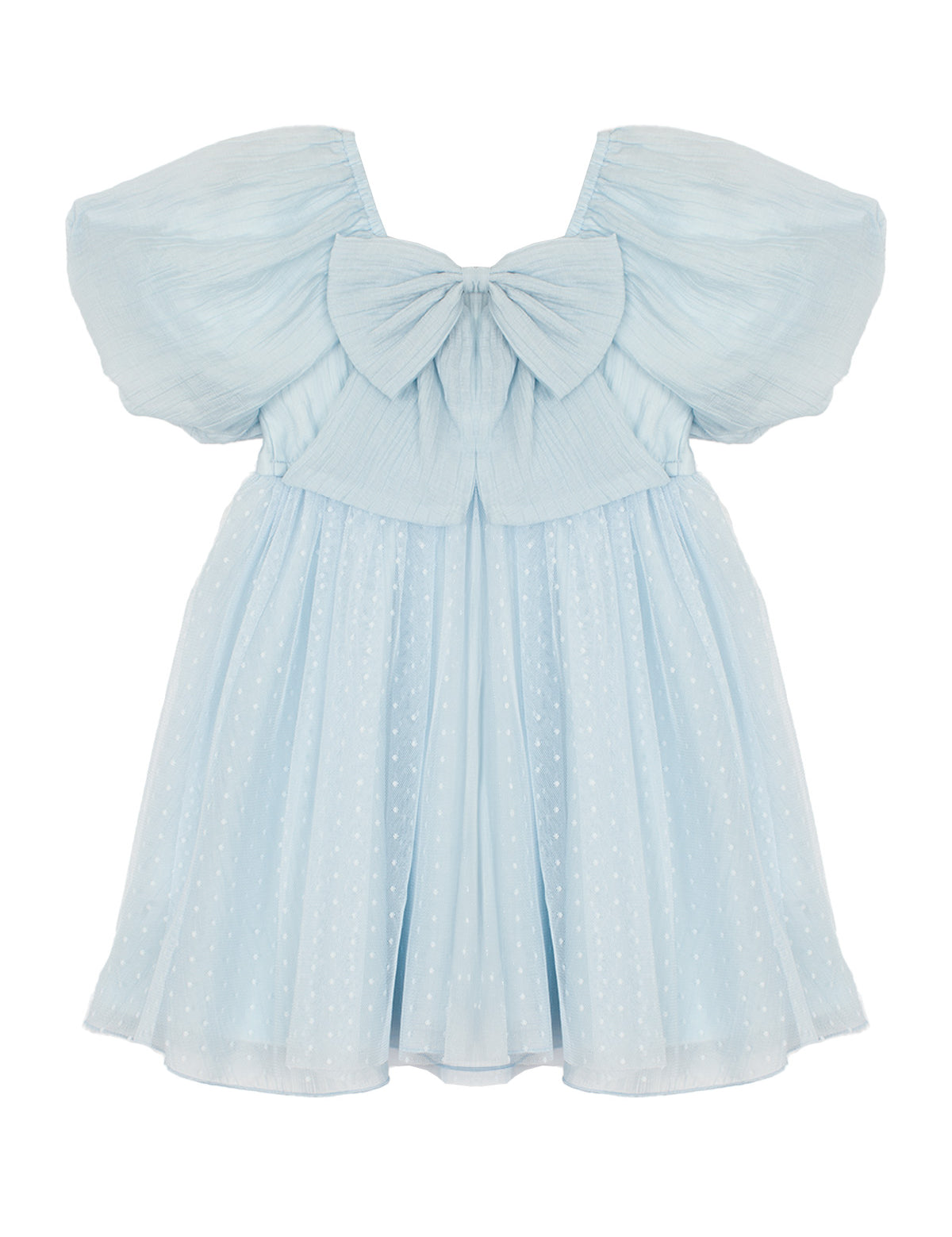 The Ella Dress by Isobella and Chloe is a pastel blue girls' dress with butterfly sleeves, a large chest bow, and a flared skirt with a subtle dotted pattern.