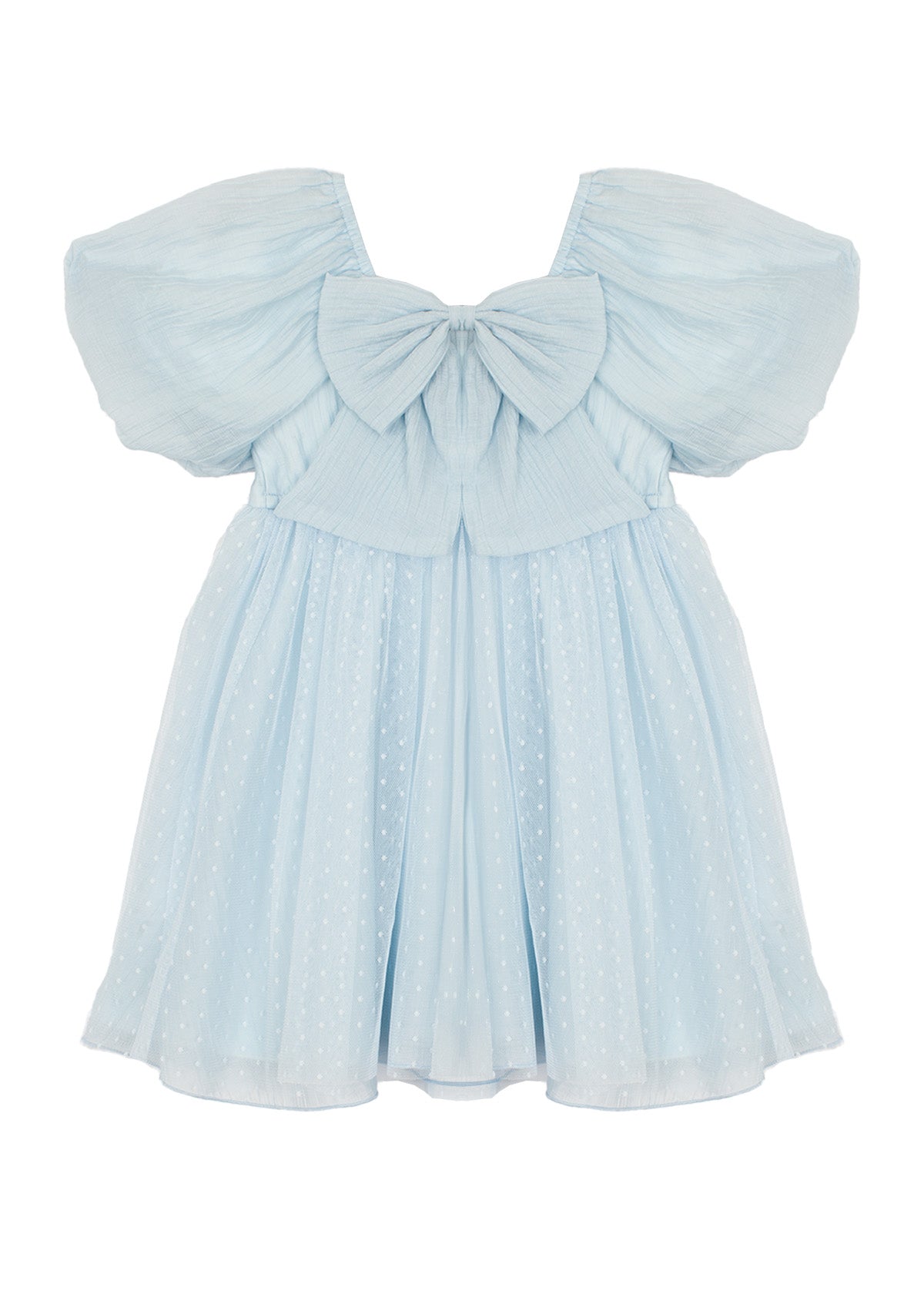 The Ella Dress by Isobella and Chloe is a pastel blue girls' dress with butterfly sleeves, a large chest bow, and a flared skirt with a subtle dotted pattern.