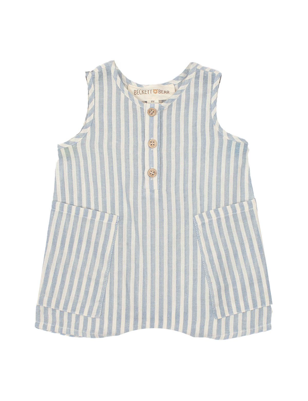 The Blake Baby Romper by Beckett and Bear is a sleeveless children’s romper made from 100% cotton with light blue and white stripes, wooden front buttons, and two large front pockets.