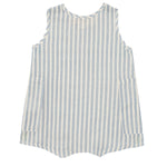 The Blake Baby Romper by Beckett and Bear is a sleeveless, loose-fit 100% cotton romper with light blue and white stripes, two side pockets, shown on a white background.