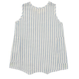 The Blake Baby Romper by Beckett and Bear is a sleeveless, loose-fit 100% cotton romper with light blue and white stripes, two side pockets, shown on a white background.