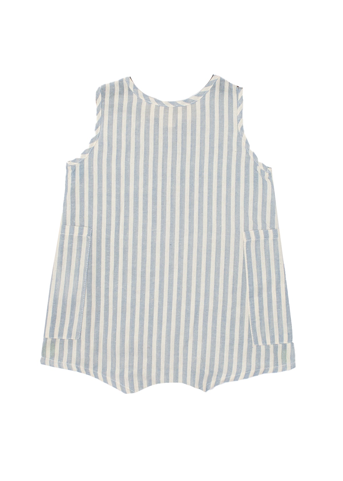 The Blake Baby Romper by Beckett and Bear is a sleeveless, loose-fit 100% cotton romper with light blue and white stripes, two side pockets, shown on a white background.