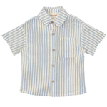 The Blake Top by Beckett and Bear is a 100% cotton short-sleeve button-up shirt with light blue and white vertical stripes, a collar, and a single chest pocket for added style and comfort.
