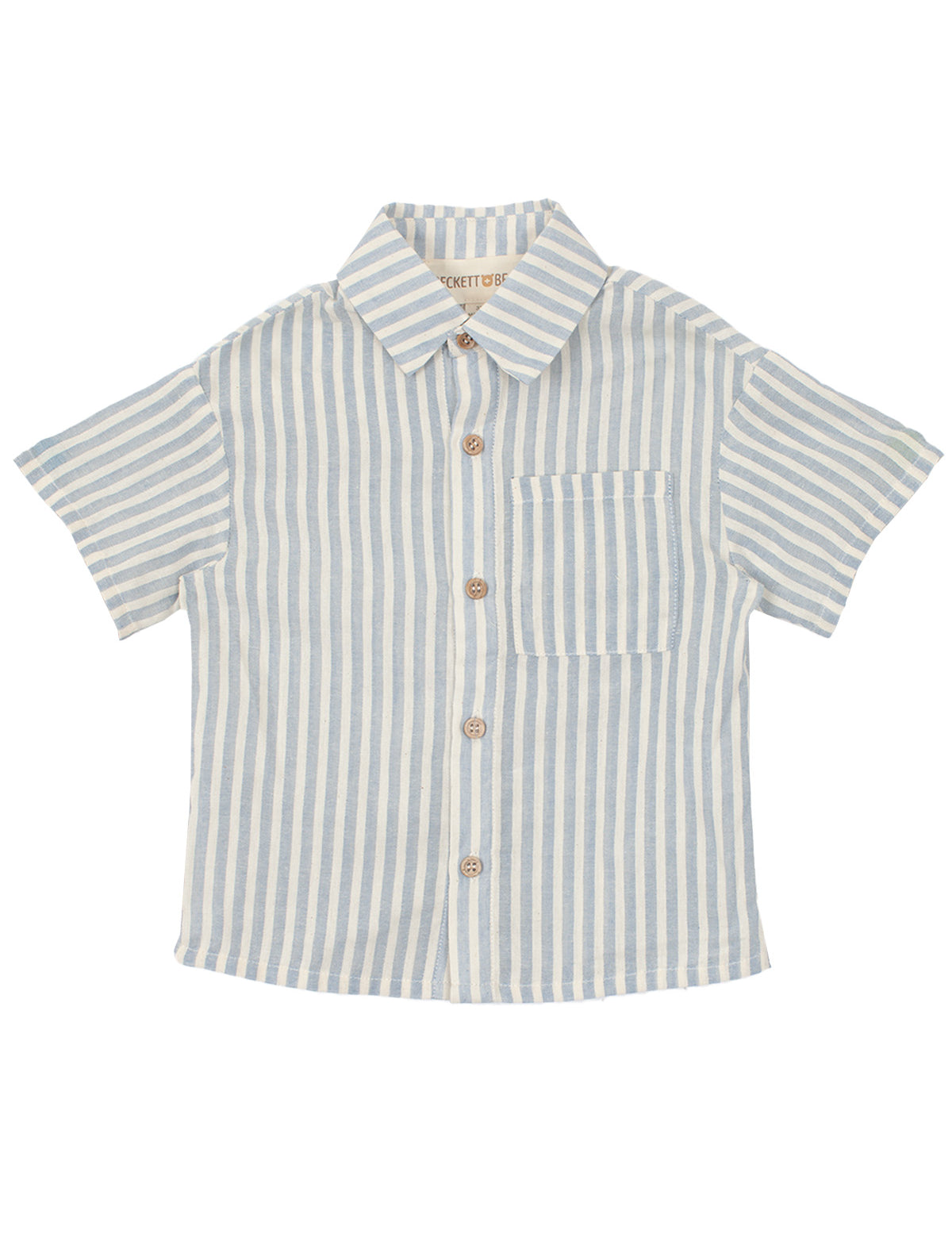 The Blake Top by Beckett and Bear is a 100% cotton short-sleeve button-up shirt with light blue and white vertical stripes, a collar, and a single chest pocket for added style and comfort.