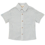 The Blake Top by Beckett and Bear is a 100% cotton short-sleeve button-up shirt with light blue and white vertical stripes, a collar, and a single chest pocket for added style and comfort.