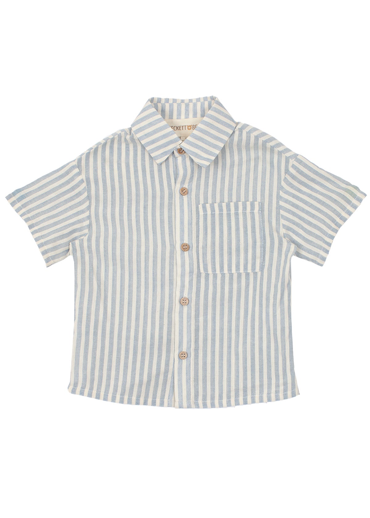 The Blake Top by Beckett and Bear is a 100% cotton short-sleeve button-up shirt with light blue and white vertical stripes, a collar, and a single chest pocket for added style and comfort.