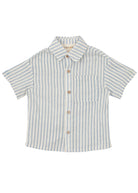 The Blake Top by Beckett and Bear is a 100% cotton short-sleeve button-up shirt with light blue and white vertical stripes, a collar, and a single chest pocket for added style and comfort.