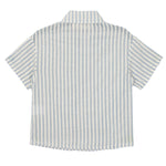 The Blake Top by Beckett and Bear is a 100% cotton short-sleeve button-up with vertical light blue and white stripes, a collar, loose fit, and shown from the back.