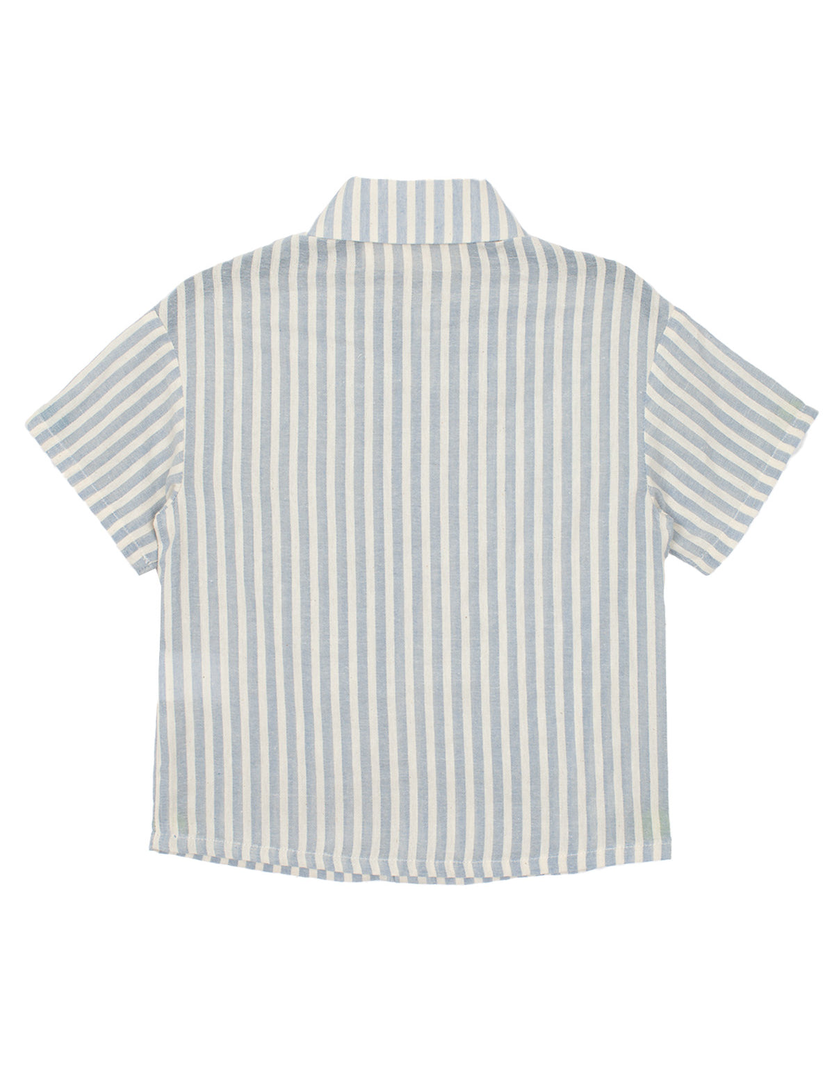 The Blake Top by Beckett and Bear is a 100% cotton short-sleeve button-up with vertical light blue and white stripes, a collar, loose fit, and shown from the back.
