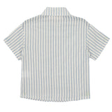The Blake Top by Beckett and Bear is a 100% cotton short-sleeve button-up with vertical light blue and white stripes, a collar, loose fit, and shown from the back.