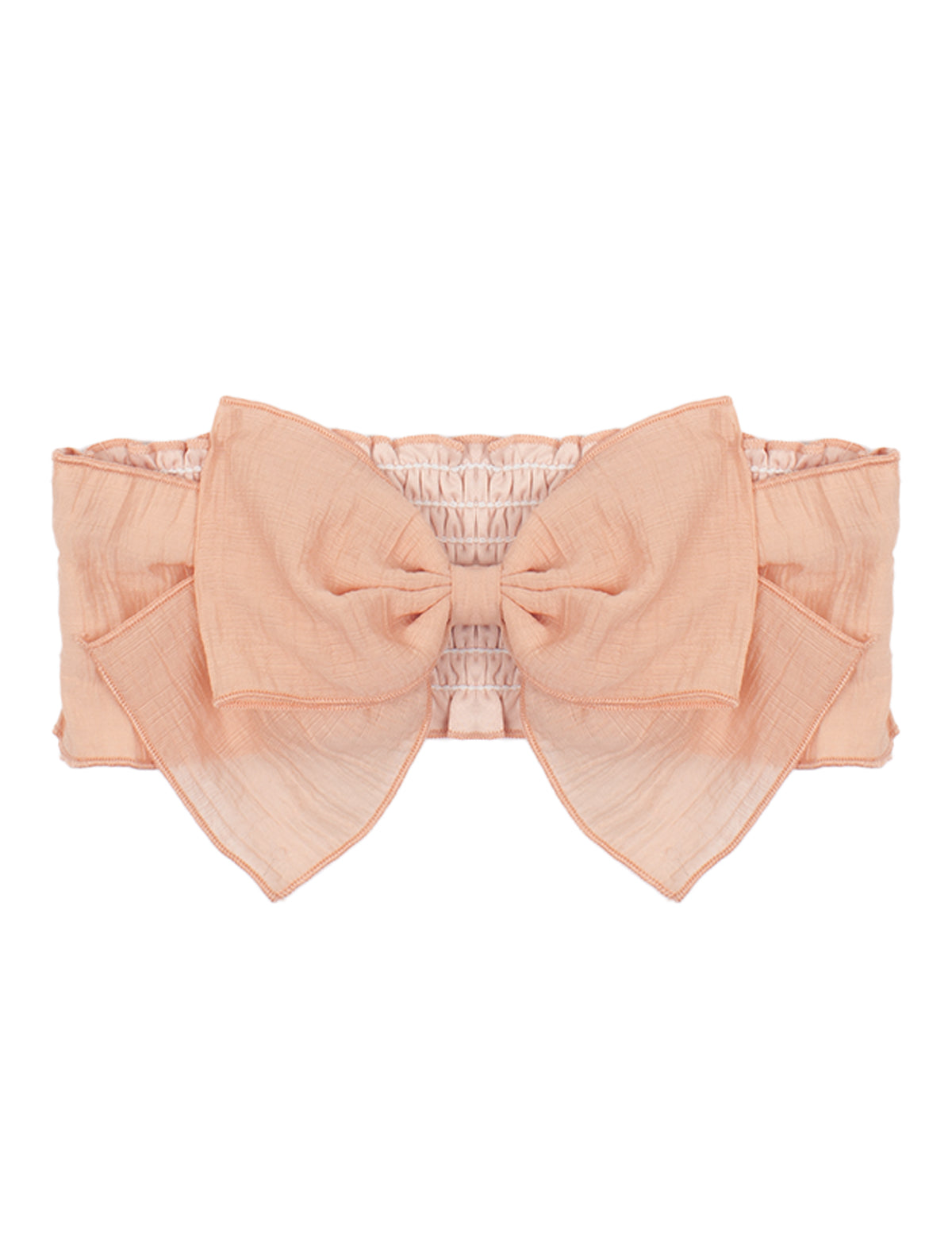 The Mabel and Honey Pitter Patter Hair Accessory is a dusty rose fabric belt with a large front bow and an elastic, ruched section at the back.